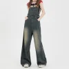 Jeans overalls women 2024 early fall new loose retro high-waisted slimming wide-leg mop pants