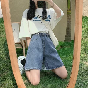 Five points denim shorts women's summer thin 2024 new high-waisted slim 5 points loose wide leg pants sweet cool style